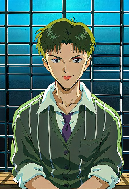 zPDXL, score_9, score_8_up, score_7_up, masterpiece, best quality, amazing quality, detailed eyes, hi res, NeWistyle, prison cell, jail cell, behind jail bars,1boy, male-focus, the joker_(dc), white face,eyeshadow,lips, olive-green shaggy hair, black eyes, lavender collared shirt, pinstripe_shirt, sleeves_rolled_up, purple necktie, dark_green waistcoat, sitting on bench, closed_mouth, red lips, smug, wide smile, looking at viewer, detailed, dim light, dark_theme, indoors, 90s, evangelion,  noise, grain, film look
