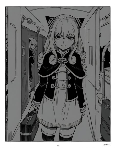 score_9, score_8_up, score_7_up, source_anime, <lora:ashe-talton-manga-ponyxl-lora-nochekaiser:1>, rengoku ashe, long hair, greyscale, monochrome,, thighhighs, long sleeves, capelet, cape, dress, white dress,, airport, waiting area, suitcase, flight delayed, passengers, reading book, smile, looking at viewer, solo,, cowboy shot, dutch angle