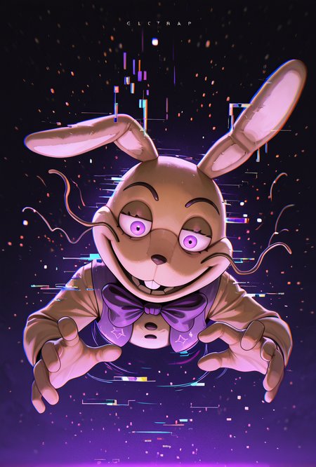 <lora:glitchtrap-04:1> glitchtrap, smile, purple bowtie, purple vest, , furry, 1boy, rabbit ears, dynamic pose, glitch effects, glitch particles, masterpiece, best quality, amazing quality, very aesthetic, absurdres, newest,