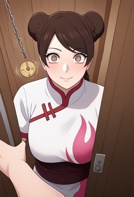Tenten being hypnotized,
score_9, anime, lewd, 1girl, smooth,
mind control, hypnotized,<lora:pendulum-ponyxl-lora-nochekaiser:1>, holed coin, coin on string, hypnosis, coin, @ @, swinging pendulum, hypnotized expression, looking at pendulum,
(door chain), peeking out, chain, (pov holding pendulum),
TentenPTS, hair bun, double bun, brown eyes, swept bangs, braid, chinese costume,