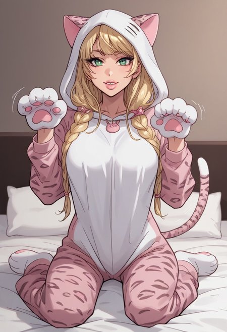score_9, score_8_up, score_7_up, score_6_up, score_5_up, score_4_up,  source_anime, masterpiece, kitty onesie, animal costume, hood, tail, solo, leopard print, cat costume, animal print, perfect face, perfect eyes, 4ng3l face, 1girl, sexy girl, (pouty lips), full lips, mai sakurajima, large breasts, braided pigtails, long hair, bangs, blonde, green eyes, looking at viewer, solo, sexy, glamor, sexy pose, flirty, seductive, seductive expression, horny, aroused, naughty face, motion lines,  on bed, kneeling, cat paw hands, paw pose,