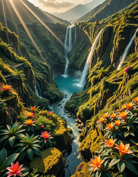 A breathtaking view of an ancient, dormant volcano now transformed into a lush, vibrant natural sanctuary. The crater is filled with dense tropical forests, colorful exotic flowers, cascading waterfalls, and mist swirling gently in the morning light. Vines and moss cover the dark volcanic rocks, and small streams wind down the slopes. while rays of sunlight pierce through the dense canopy, creating sparkling reflections on the water. The atmosphere feels peaceful, enchanted, and untouched by humans. The scene is depicted in an ultra-detailed, hyper-realistic style, with warm, soft lighting and rich, saturated colors that enhance the magical and serene mood of the landscape.
<lora:SDXLFaeTastic2400:0.4> <lora:extremely_detailed:0.4> extremely detailed,dormant v0lc4n0, <lora:dormant_v0lc4n0-i:1>, Masterpiece,best quality,hi res,8k,hi res,8k,award winning,(sharp focus, intricate, highly detailed),