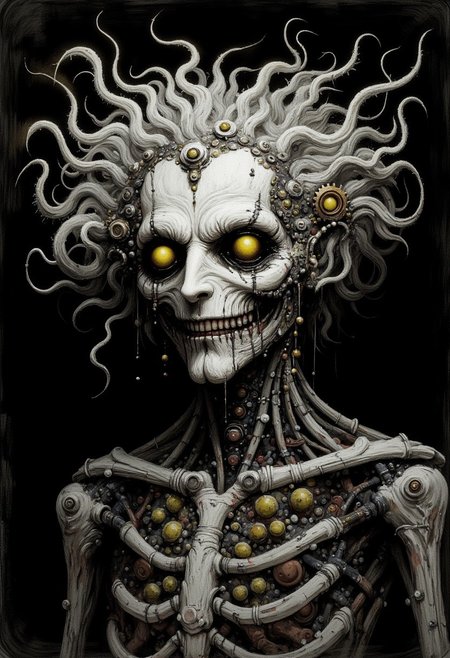 skeletal humanoid with a mechanical, steampunk aesthetic. The figure has a pale, almost ghostly complexion and yellow, glowing eyes. Its head is adorned with intricate, swirling gears and mechanical parts, giving it a cybernetic appearance. The character's curly, white hair is also mechanized, with gears and cogs embedded. 