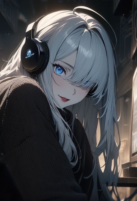 gorgeous lips, cinematic, (masterpiece), (best quality), (ultra-detailed), very aesthetic, illustration, perfect composition, intricate details, absurdres, detailed face, (anime, masterpiece, intricate:1.3), (best quality, hires textures, high detail:1.2), (4k),(incredibly detailed:1.4) 
masterpiece, 1girl,  a young girl, solo, nice girl, skinny, very thin build, multicolored hair, blue hair, white hair, the hair is slightly shaggy, hair over one eye, hairstyle with a side parting, voluminous hair, lush hair, long hair, streaked hair, ahoge, white skin, blue eyes, red lips,  black jeans,black sweatshirt, oversize sweatshirt, black headphones, light smile, excited, against the background of servers, looking at viewer, portrait, (masterpiece:1.2), (best quality:1.2), (very aesthetic:1.2), (absurdres:1.2), (detailed background), newest,sharp focus, perfect hands, perfect face, perfect eyes, perfect light, dynamic light, natural light