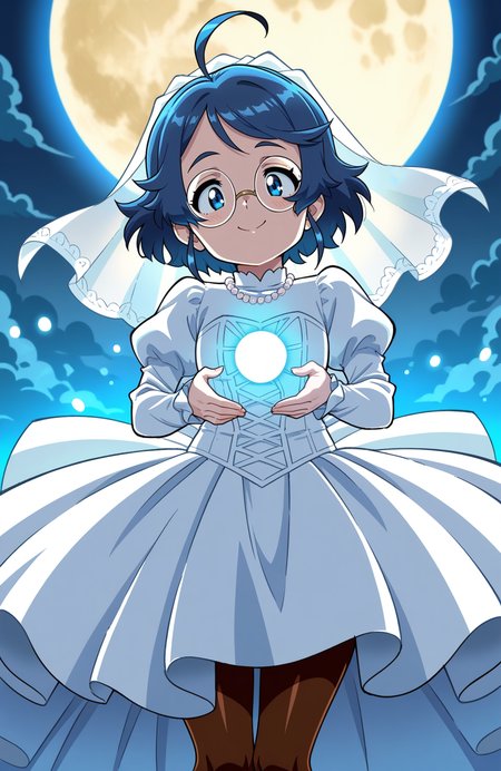 1girl, solo, <lora:Daikin:1> dkn, 
senoo aiko, blue hair, blue eyes, ahoge, bridal gown, high collar, puffed sleeves, pantyhose, pearl necklace, veil, (medium shot), communing with spirits, detailed face, located in a magical scene at a enchanted giant's fortress during full moon night with stormy weather, illuminated by enchanted glow, creating a serene,majestic atmosphere, extremely detailed, highres, masterpiece, best quality