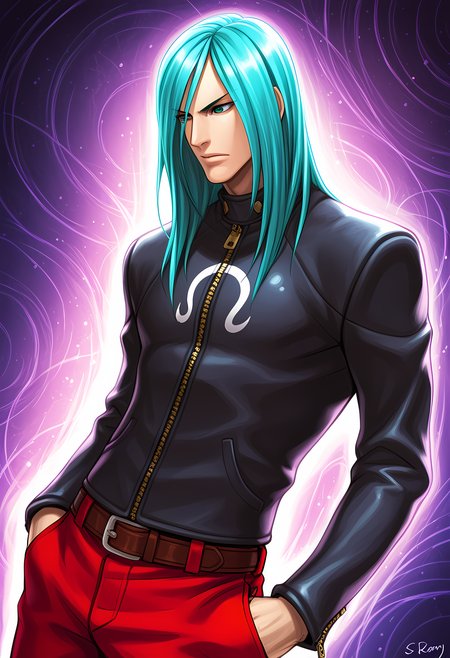 masterpiece, best quality, amazing quality, dutch angle, abstract background, BREAK
solo, male focus, 1boy, sf_remy, aqua hair, long hair, aqua eyes, black jacket, zipper, red pants, BREAK
 <lora:cfg_scale_boost:.6>    <lora:Remy_-_Street_Fighter_-_ILXL:1>