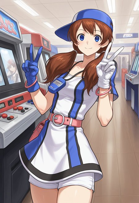 masterpiece, best quality, ultra-detailed, absurdres, newest, 1girl, solo, aingbc, brown hair, long hair, low twintails, blue eyes, baseball cap, multicolored dress, neo geo pocket color necklace, gloves, bracelet, belt, white shorts under dress, indoors, arcade, v, peace, smile,