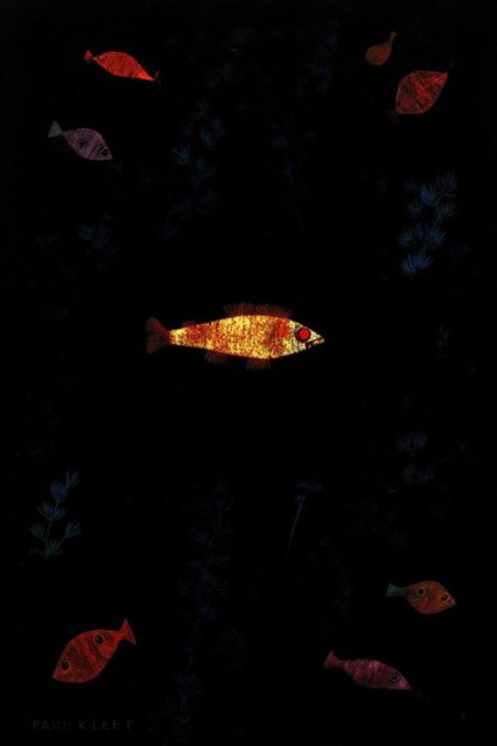 paulklee1 painting.
An underwater scene with a glowing fish swimming in a dark sea. There are water plants scattered around.
  <lora:paulklee1_cap_d8a4e12:1.0><lora:839873072535373246:0>
