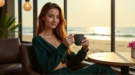 sci-fi style a slim elegant woman sitting in a cafe holding a large mug of coffee in her hands
she has a heavy lower lip a square chin and hollow cheeks, she appears to be 30 years old
her eyes are an intense green colour and her long flowing hair is a (brilliant auburn colour:1.2)
she's looking at the viewer across a low table, on the table is a saucer for the mug, she's sitting in a large comfy chair with her feet tucked up beside her
she's  a dark green (cropped:1.3) woolen jumper with a low neckline and  long baggy sleeves, the top is tied in a knot at the front
she looks very relaxed and happy, her eyes glitter,
outside the cafe window you can see a beach with the sun glittering off the sea low in the sky casting golden light in the window . futuristic, technological, alien worlds, space themes, advanced civilizations, score_9, score_8_up, score_7_up, hyperdetailed, hyperrealistic,  best quality, (masterpiece:1.3),high-definition, intricate details, volumetric lighting, symmetrical face, level eyes,