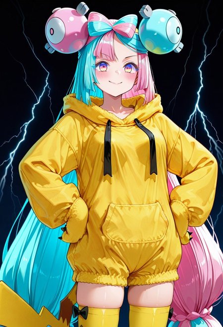 masterpiece, best quality, newest, absurdres, highres, anime,

zzIono, solo, 1girl, long hair, pink eyes, blue hair, pink hair, light blue hair, multicolored hair, bow-shaped hair,
blush, smile,
hands on hip,

pikachu tail, hood, hood down, onesie, yellow thighhighs, animal hands, long sleeves,

mad-lgthng, lightning,