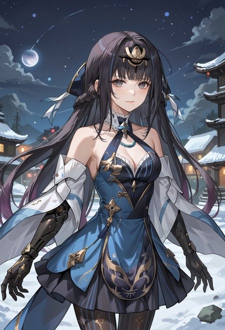 score_9, score_7_up, source_anime, BREAK <lora:Qu-Shukra:0.8> Shukra, gray eyes, multicolored hair, black hair, lavender hair, mole under mouth, headgear,  mechanical arm,
night sky, snow,, hair ribbon, frilled choker, criss-cross halter, sleeveless dress, high-waist skirt, backless dress, layered dress, blue dress, waist blue bow, detached sleeves, frilled sleeves, wide sleeves, blue sleeves, black pantyhose, patterned legwear, pinstripe pantyhose, mary janes,
