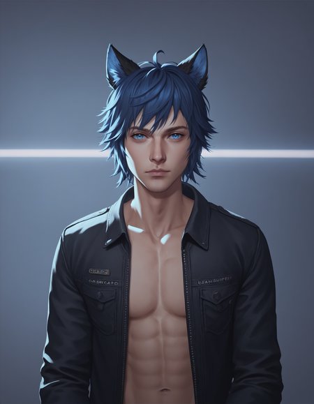 score_9, score_8_up, score_7_up, score_6_up, score_5_up, score_4_up, 1boy, Kristoff O'hanlon, slsxl style, solo, solo focus, looking at viewer, short hair, bangs, blue eyes, black hair, animal ears, jewelry, blue hair, jacket, open clothes, open jacket, black jacket, holding a photo , cinematic lighting, neon rim lighting, side lighting, rembrandt lighting, cinematic angle, <lora:VirtualDiffusionPonyXL:0.8>