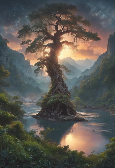 A captivating night scene illustration featuring a large wonderous magical tree overlooking a lake in the Smokey Mountains of Appalachia. The great is ancient but well strong and powerful.  This enchanting artwork captures a serene and peaceful early morning, where the sun is just starting to rise over the beautiful smokey mountains and tree which   stands resolute amidst the forest, creating a cinematic experience., illustration, cinematic
<lora:DonM3t3rn1tyXL-v1.1:0.7>, DonM3t3rn1tyXL,
OverallDetailXL  <lora:MJ52:0.3>  <lora:SDXLFaeTastic2400:0.4>  <lora:EpicF4nta5yXL:0.7>