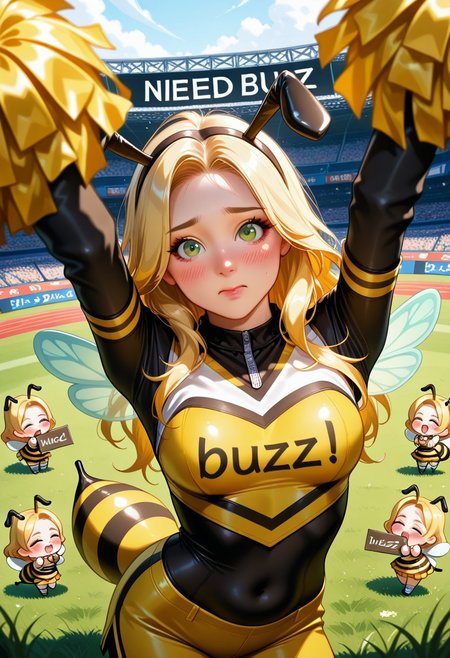 NEWEST, CONTRAPPOSTO, 2.5D REALISTIC, DETAILED FACE & EYES, PERSPECTIVE, SOLO FOCUS, ULTRA DETAILED EYES, EYE HIGHLIGHTS, masterpiece, BEST QUALITY, 1girl, solo, b33g1rl, Bee's wings bee's tail,
yellow and black stripe costume, bee's antenna
in American foot ball stadium, grass,
from above, wide angle,
bust up shot,
arms up higher, black and yellow zebra design arm sleeve,
Y-pose arms,
face profile,
tilt head,
shouting,
team of  cheerleaders,
cheerleading tight clothing yellow clothing breasts under clothes slim sleeves long sleeves dyed blonde hair long hair green eyes embarrassed look closed mouth makeup pink lipstick
belly
covered navel
young
need_buzz holding  cheerleading,
tight clothing, yellow clothing, breasts under clothes, slim sleeves, long sleeves, dyed blonde hair, long hair, green eyes, embarrassed look, closed mouth, makeup, (pink lipstick:0.6), belly, covered navel, young, need_buzz, holding sign
correct "need buzz" sign at signage screen on stadium,
twisting upper body. from diagonally side,
several fairies also performing this show,
(chibi fairies has correct "need buzz" sign board:1.3) 
correct "need buzz" sign at uniform,
unholy-aesthetic, MASTERPIECE, BEST QUALITY, AMAZING QUALITY, VERY AESTHETIC, ABSURDRES, ultra DETAILED face, ultra DETAILED EYES, 
BREAK
lazyreal