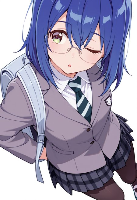 masterpiece,high quality details,absurdres, 
<lora:Mamiya_Kanoko:0.8> 
kanoko_cnr, 1girl, blue hair,medium hair,hair between eyes,
kanoko_s2,collared shirt, grey jacket, striped necktie,plaid skirt, pleated skirt,black pantyhose,glasses, backpack, uwabaki,, simple background, white background, sideways,solo,, ;o,
