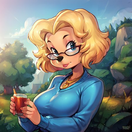 score_9, score_8_up, score_7_up, score_6_up, score_5_up, score_4_up, BREAK,  <lora:Miss_Pennypacker:0.8>, misspennypacker, 1girl, solo, breasts, furry female, furry, animal nose, glasses, blonde hair,  necklace, jewelry, short hair, <lora:princess_xl_v2:1>, outside, sweater,  <lora:Reinaldo_Quintero_Reiq_Artist_Style_PonyXL:0.8>,