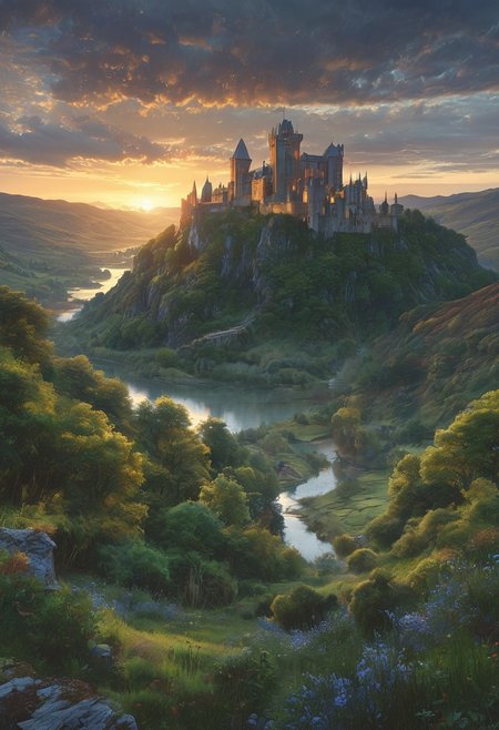 A captivating night scene illustration featuring a beautiful castle on a large  hill overlooking a lake in Wales.   The castle is ancient but well maintained and updated and comfortable to live in.  This enchanting artwork captures a serene and peaceful early morning, where the sun is just starting to rise over the beautiful hills and castle which   stands resolute amidst hills of Wales, creating a cinematic experience., illustration, cinematic
<lora:DonM3t3rn1tyXL-v1.1:0.7>, DonM3t3rn1tyXL,
OverallDetailXL  <lora:MJ52:0.3>  <lora:SDXLFaeTastic2400:0.4>  <lora:EpicF4nta5yXL:0.7>