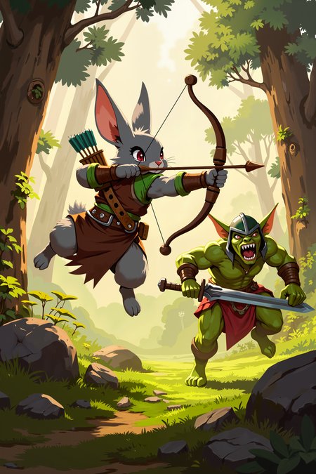 an action scene in a forest setting. The foreground features a small, anthropomorphic rabbit with gray fur and large, expressive ears. The rabbit is in mid-air, appearing to be in a dramatic, dynamic pose, with its right arm raised and a bow drawn, ready to shoot an arrow. The rabbit is dressed in a brown leather outfit with green accents, including a quiver on its back filled with arrows. It also wears a red loincloth and a decorative belt with a small pouch and a wooden ornament.In the background, slightly to the right, a muscular anthropomorphic green goblin with a large, broadsword is charging towards the rabbit. The goblin has a fierce expression with sharp teeth visible in its open mouth. The goblin is also dressed in a red loincloth and wears a green helmet. The forest setting is lush with tall trees and dense foliage. The ground is covered in green moss and grass, and there are rocks and bushes scattered around. The lighting is soft, with a warm, golden hue filtering through the trees, creating a mystical atmosphere. The overall tone of the image is intense and action-packed, capturing a moment of conflict between the characters. , detailed background  Fantastic lighting. Detailed shadows.intricate details, vivid colors, hyper-detailed, ultra-sharp, , <lora:XRSTYLE_FLUX:0.5><lora:RetroAnimeFluxV1:0.4><lora:MoriiMee_Gothic_Niji_Style_FLUX:0.3>