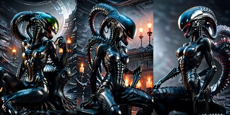 (otherworldly), highly insanely detailed, masterpiece, top quality, best quality, highres, 4k, 8k, RAW photo, (very aesthetic, beautiful and aesthetic), 
__lazy-wildcards/cosplay-char/alien-predator/xenomorph/prompts__, 
<lora:FemXeno:0.8>, 
(1girl:1.3), eyes focus, 
__lazy-wildcards/dataset/background__,âââ