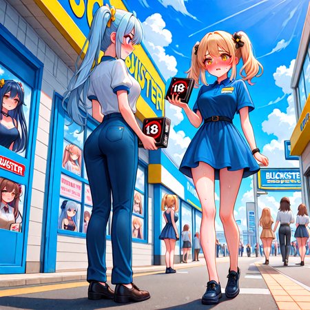 absurdres, explicit, blockbuster, storefront, character print dvd case, holding, 2girls, a petite female, shy, blush, unhappy, angry, sweat, breasts, parted lips, twintails, short dress, a tall female, pants, employee uniform, height difference, glass wall, full body, road, shoes, signboard, R18 text poster, street, crowd, people, 6+girls, outdoor, sky, cloudy sky, looking inside, from below, <lora:girllikeblockbuster_ilxl:1>