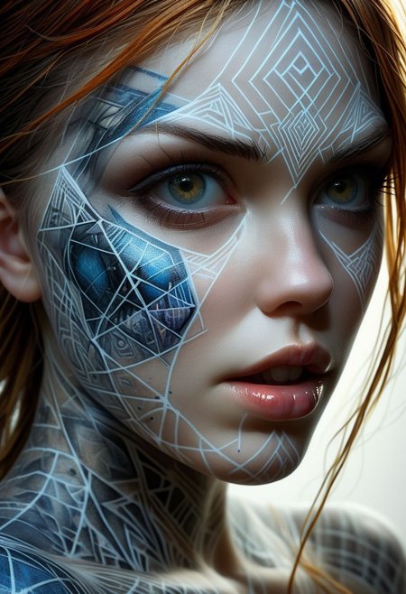 Rune tattoo on girls face, close-up, by Minjae Lee, Carne Griffiths, Emily Kell, Steve McCurry, Geoffroy Thoorens, Aaron Horkey, Jordan Grimmer, Greg Rutkowski, amazing depth, double exposure, surreal, geometric patterns, intricately detailed, bokeh,  perfect balanced, deep fine borders, artistic photorealism , smooth,  great masterwork by Suiras  <lora:add-detail-xl:2>  <lora:Double_Exposure:0.5>