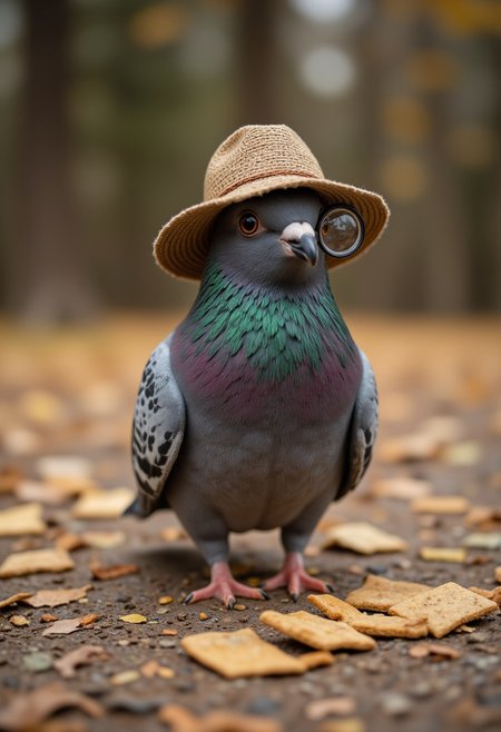 Pigeon in a detective hat, magnifying glass in beak, investigating a "crime scene" with breadcrumbs
,aidmafluxproultra, aidmaHyperrealism, aidmaMJ6.1