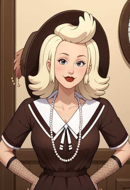 ((room background)),score_9, score_8_up, score_7_up,score_6_up, 
1girl, solo, Mona_RS, light skin, black eyes, light blonde hair, voluminous curly hair, raised bangs, red lipstick, long pearl necklace, black long fishnet gloves, vintage dark brown long hat with ornament, dark brown vintage dress with a white V-collar, vintage brown ankle boots, cute, tall stature, social smile, perfect eyes, perfect smile, looking at the viewer, detailed eyes, perfect eyes, standing, big breasts (front pose, front view, bust shot) five fingers, perfect hands, hands on hips