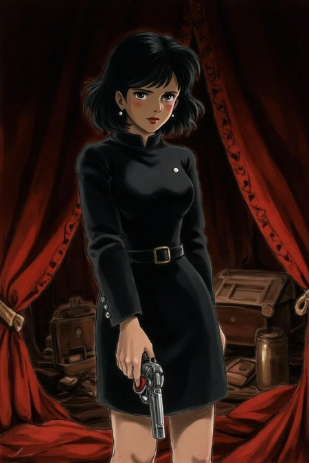 miyaha1 manga illustration a mysterious woman with black wavy hair and piercing eyes stands in the shadows of a dimly lit room. She is holding a small revolver with a delicate yet firm grip. Her red lipstick is the only color that stands out in the darkness, she wear a black dress that accentuates her figure, her intentions unclear but dangerous.  <lora:miyaha1_cap_d6a3e12:0.9><lora:818065766931918484:0>