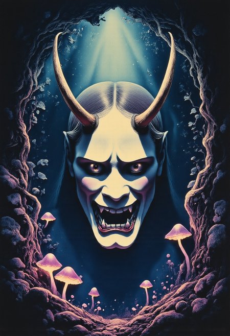 Satyr ArsMovieStill, movie still from a 1970s horror movie Studio Ghibli Dark Fairytale depicting a cursed hannya mask with horns and fangs in an eerie dark forest amidst twisting vines and luminous purple mushrooms