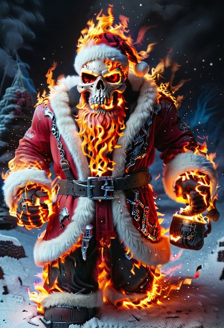 ral-santa, fire santa,skull head,skull on fire, santa claus is on fire, fiery and dynamic <lora:ral-santa-sdxl:1>,Holding a flaming chain,full body, solo,standing,