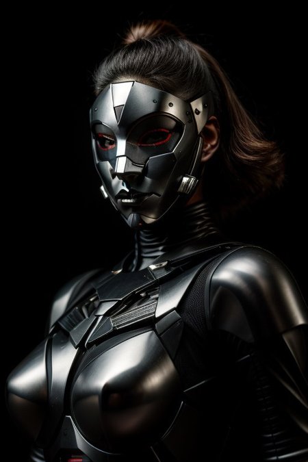 ((very beautiful)) cyborg woman, 30 years old, (beautiful:1.75), (gothic makeup:0.99), (Red Lipstick:1), (anime:0.35), (oval face:0.25), (top model), (((body parts are made of metal))), 5caryma5k, mechanical parts,  (((an ametallic mask that covers half of the face))), (Halloween), (night), (noir), (front view:1.25), (elegant), 10 minutes before the world will end, (back light),  hyper-realistic, (ultra-detailed:1), (insanely detailed:1), 4k, 8k, (realistic), (best quality), (HD), shot on portra 400, fujifilm xt3,  raw photo, (((masterpiece))), sense of depth,  ((perfect composition)), rule of thirds, (style of Leonardo Da Vinci:0.10), style of Caravaggio, Perfect hand, Hand, (detailed hand),  beautiful lighting