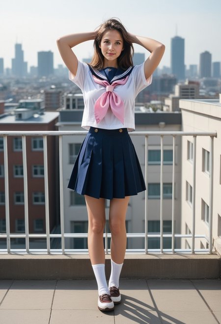 score_9, score_8_up, score_7_up, photograph, 1girl, 43 years old, European, realistic, brown_hair, brown_eyes, yellow_eyes, kitauji_high_school_uniform, short_sleeves, blue_sailor_collar, blue_skirt, white_shirt,  pink_neckerchief, portrait, head_tilt, grinning, blush, socks, shoes, full_body, standing with arms up, outdoors, rooftop, building, cityscape, Tower13_Thurid