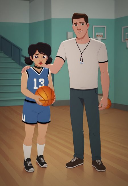 (zPDXL3) source_cartoon, handsfree, Perfect Hands, full body, solo, looking at viewer , 1girl, sad, mari_lopez, black hair, short hair, twintails, lipstick, red lips, sportswear, basketball uniform, shorts, socks, shoes, short girl, ball, basket ball,
1boy, short hair, brown hair, smile, hands on girl's shoulder.
