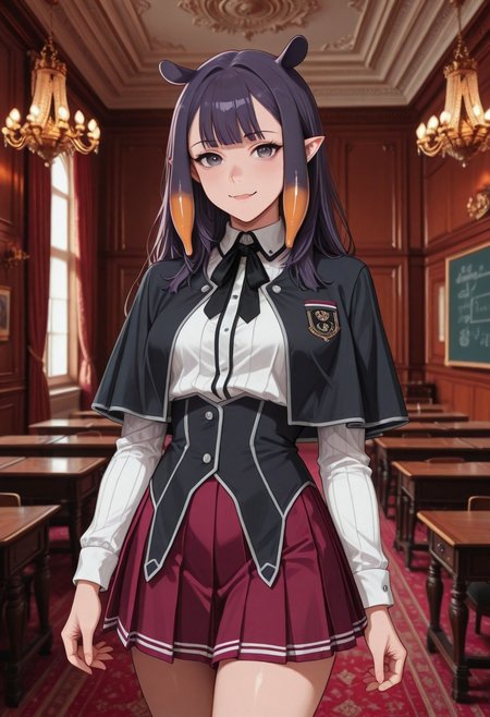 (ultra HD quality details), score_9, score_8_up, score_7_up, 8k, Cowboy Shot, Depth of Field, Full Body Visible,
BREAK
 ninomae inanis, pointy ears, long hair, purple hair, multicolored hair, blunt bangs, tentacle hair, sidelocks, purple eyes, light smile, wavy mouth, open mouth, school uniform, black capelet, white shirt, neck ribbon, black ribbon, long sleeves, black corset, red skirt, pleated skirt,
BREAK
luxurious cl4ssr00m,
BREAK
Intricate, detailed background, colorful, detailed background, dynamic angle, volumetric lighting, cinematic lighting, BREAK,