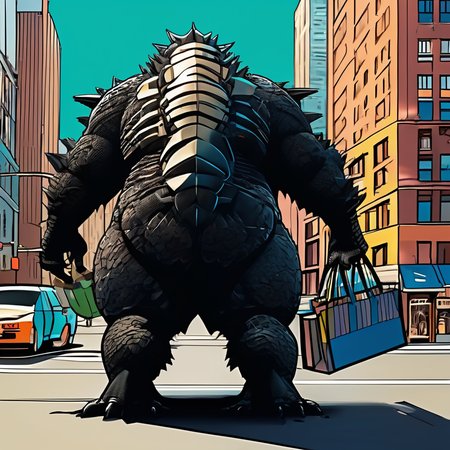 cybernetically enhanced godzilla going on a shopping spree in new york city,art by studio ghibli and kentaro miura,intricate linework,hyperdetailed, sfw,beautiful, masterpiece, best quality,absurderes,octane render