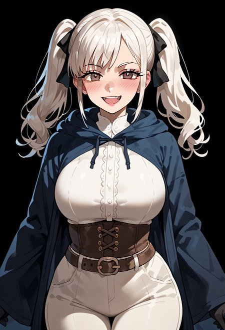 score_9. score_8_up. score_7_up. score_6_up. score_5_up. score_4_up, source_anime, 1girl, solo, calm, smile, smirk, seductive, squinted eyes, blushing, open mouth, 1girl, very_massive breasts, wide hips, thin waist, thick thighs, robin_(female)_(fire_emblem), white hair, medium hair, asymmetrical bangs, twintails, brown eyes, black robe, blue robe, hooded robe, open robe, brown belt-corset, white shirt, white trousers, black gloves, (((brown belt))), cowboy shot, white background, <lora:ebora-Style-PonyXL-GLoRA-000049:1>, there is a lack of fire