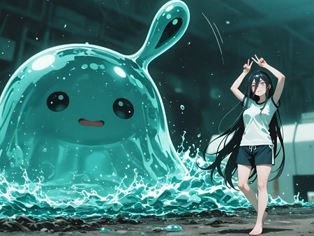 Morning, v_sign - Making a peace sign, masterpiece, Midnight black hair, 1girl, bralette, ambient occlusion, Grimy viewport looking out into polluted space nebula., Anemone (Eureka Seven), blurry background, slime_(creature), perky breasts, HDR, motion_lines:1.1, barefoot, 8K, ultra-detailed, slime_(creature), standing, absurdres, best quality, nail_polish, macro scene, very aesthetic, tan skin, 1boy, often with arms raised, Outline Effect, gym_shorts, Extreme close-up face, long_nails, demon_girl, very long hair, absolutely eye-catching, anime character, in the style of The Rising of the Shield Hero, Rapunzel-length, victory_pose, amazing quality, Sunny/Clear, Turquoise Theme, newest, rolling_eyes, depth of field, motion_blur:1.1
