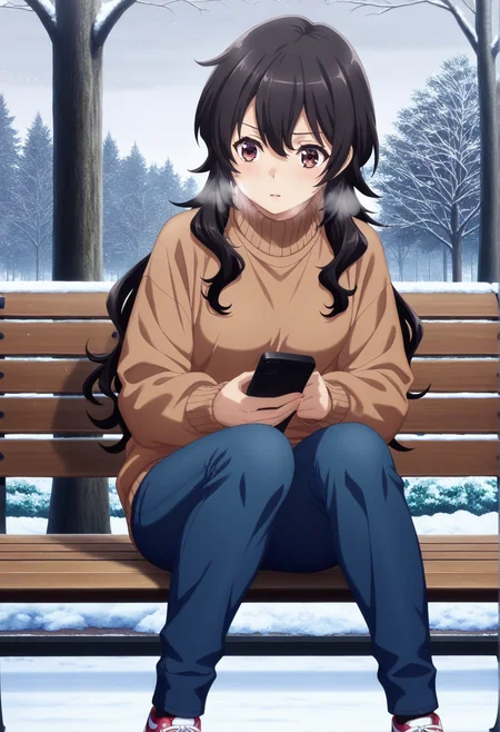 masterpiece, best quality,  absurdres, highres, cinematic light, 1girl,  <lora:takao_ameku:1> takao_wz, long hair, black hair, brown eyes, brown sweater, turtleneck, long sleeves, blue jeans, sneakers, holding phone, sitting, grey sky, park, park bench, heavy breathing, snow, tree,  <lora:anime_screencap-Illustrious_1064755:1> anime screencap, anime coloring