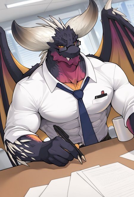 <lora:MH_Nergigante_a1_1_NoobXL-eps:1>,<lora:EatSleep1111StyleSDXL11:0.7>,<lora:merrytailSDXLstyle:0.3>,eatsleep1111,merrytail,masterpiece,best quality,amazing quality,high quality,very aesthetic,absurdres,newest,shaded,digital media \(artwork\),depth of field,mhnrgi,solo,anthro,male,detailed background,office,yellow eyes,no sclera,slit pupils,smirk,wings,white spikes,dutch angle,muscular,glasses,necktie,dress shirt,desk,pen,mug,paper,