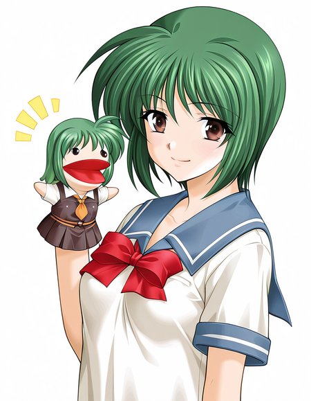 masterpiece, best quality, amazing quality, very aesthetic, absurdres, official art, ultra detailed,
1girl, solo, yasuda_mizuki, green hair, short hair, brown eyes BREAK
school uniform, serafuku, red bow, skirt, 
smile, looking at viewer, standing, hppt,hand puppet, happy aura simple background, white background, upper body, highly detailed <lora:hand_puppet_IL_v1:1>
<lora:yasuda mizuki v1.0-000015:1>
