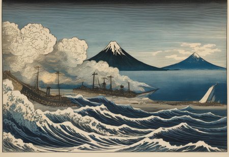 woodcut tokio bay 1865, big black steam powered battleship, gustave dore style, hokusai waves, hokusai mount fuji in the background