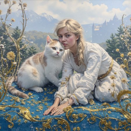 <lora:Vintage_Nudity_60s:0.7> <lora:Copax_Realistic_Dreamlight_fp8:0.7> low-angle view. Impressionism impasto painting with water theme. Light-toned painting of a fiendish, mature, mythic, clothed, bejewelled, kissing, Plantagenet female lifeguard with a cat. They are working in a daylight impossible formal gardens, intricate white and blue and brass wavy details, snowy. In the distance there is a castle on a misty mountain. The overall style of the painting is vivid fine art with symbolic Surreal details. The artist has added detail with deliberate brushstrokes and scratch marks. Small patches of the purple underpainting are visible here and there in the painting.