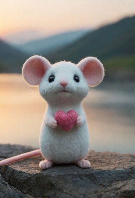a small, simple, cuddly felt mouse holding a felt heart in its tiny hands, gazing directly into the camera with a joyful smile. The scene is so sweet that it melts even the toughest hearts. Describe the loving atmosphere created by the combination of felt, smiles, and hearts diring a beautiful sunrise