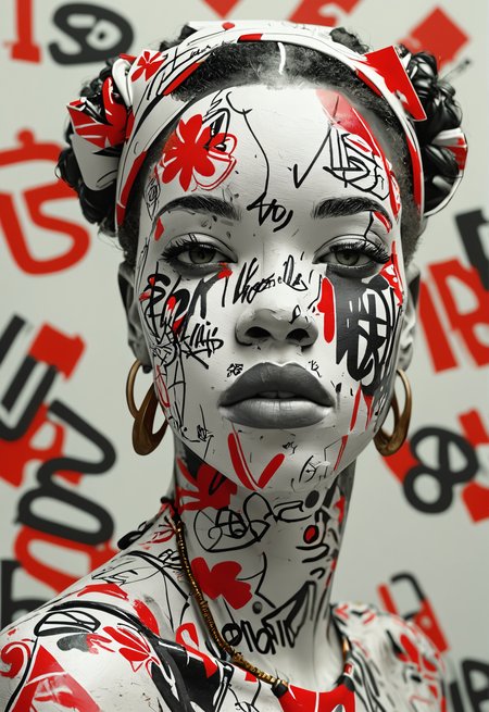plaster female statue of attractive black woman adorned with wildstyle graffiti,intricate and dynamic graffiti lettering covers all the surface, featuring bold tags, complex shapes,  energetic chaos of wildstyle graffiti ,Zanele Muholi,Barbara Kruger,Romero Britto, handsomize,white background, grainy film filter, minimalistic, HD,bold lines,poster, intricate,artstation,dof<lora:add-detail-xl:1> <lora:MJ52:0.8>