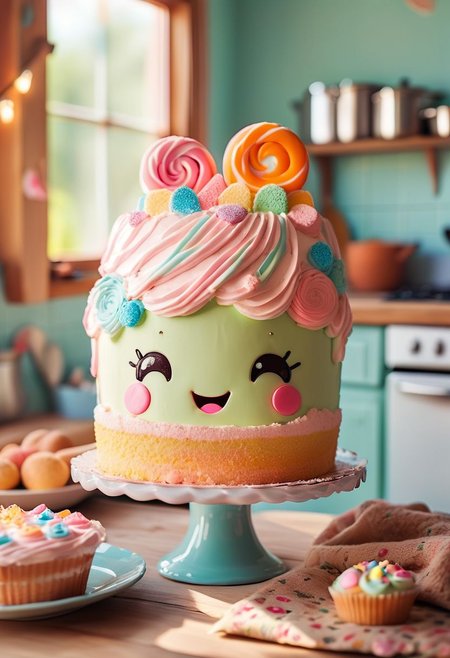 kawaii cake pareidolia in cozy kitchen. joyful mood, natural light, pastel colors, high resolution.