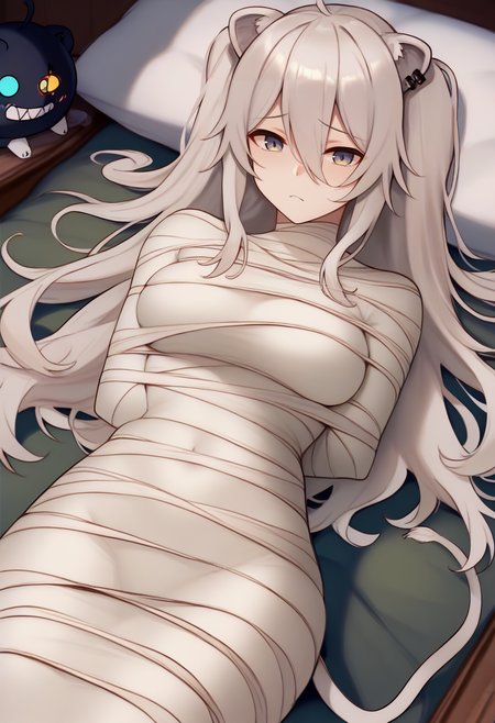 score_9, score_8_up, score_7_up, score_6_up, score_5_up, score_4_up,
shishiro botan, hololive, 1girl, long hair, two side up, ear piercing, lion tail,
solo, indoors, on bed, lying, pillow, straight-on, cowboy shot, on back, 
arms behind back, mummification \(bound\), bandages, restrained, 
<lora:mummyxlpony:1>  <lora:ShishiroBotanPDXL:0.8>