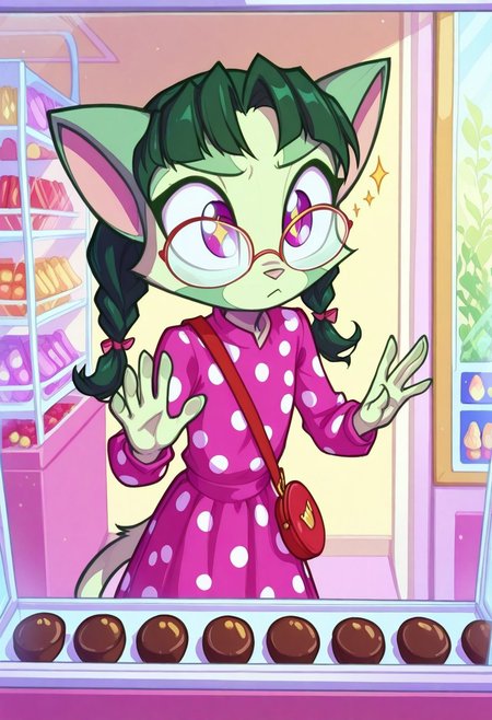 Dreamkeepers,1girl,prelude_lilith,solo,furry,tail,green hair, source_furry,glasses,magenta eyes,
child, kid, 
presses her nose against a candy shop window, her breath fogging the glass. Her eyes sparkle as she gazes at rainbow-colored lollipops and chocolate truffles, clutching a tiny coin purse. A stray curl escapes her braided pigtails, and her polka-dot dress flutters in the breeze. Behind her, a grumpy shop cat watches judgmentally from a display shelf, candy_store, window, sparkling_eyes, braided_pigtails, polka_dot_dress, coin_purse, fogged_glass, curious_expression, wind_blown_hair, ribbon, innocent_face, chocolate