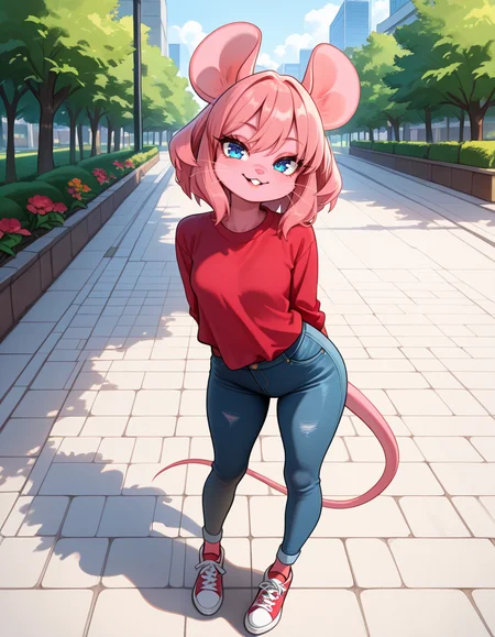 masterpiece, best quality, very aesthetic, absurdres,
outdoors, casual, 
full body, standing, posing, 
 seductive smile, parted lips, long eyelashes,
 <lora:Mouse_Girl_v01_NAIXL:1>
M0sgr1,1girl,solo,furry,furry female,mouse girl,mouse ears,pink hair,short hair,blue eyes,snout,animal nose,whiskers,buck teeth,body fur,pink fur,mouse tail,