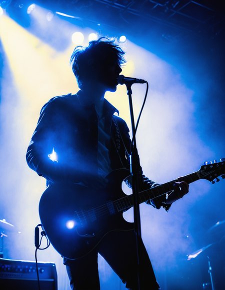 silhouette of a young male guitarist singing into a microphone onstage, vibrant blue stage lighting, electric guitar in hand, foggy atmosphere, aged around 25, medium build, live concert setting, western nationality, concert photography with dramatic lighting, inspired by the aesthetic of live performance photography, masterpiece,