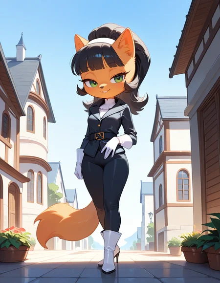 masterpiece, best quality, very aesthetic, absurdres,
outdoors, standing, posing, 
full body, seductive smile, parted lips, long eyelashes,
white gloves, white high heel boots, black pants, black jacket, long sleeves, 
<lora:Kitty_Katswell_v01_NAIXL:1>
K1tty_Kat6w3311, 1girl, solo, furry, furry female, animal ears, long hair, black hair, hairband, blunt bangs, flipped hair, green eyes, animal nose, body fur, orange fur, tail,